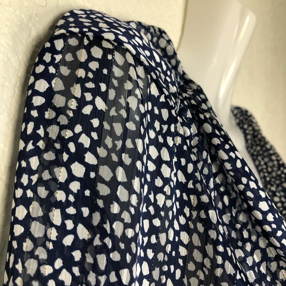 VICI Sheer Navy Polka Dot Metallic Thread Wrap Long Sleeve Blouse size Medium - Picture 6 of 12